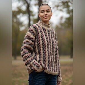 Vintage Chunky Wool Knit MockNeck Hand Made Ecuador Basket Weave Stripe Pullover